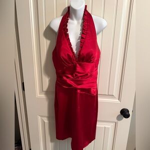 Betsy & Adam Red Satin Cocktail Dress with Halter Neck